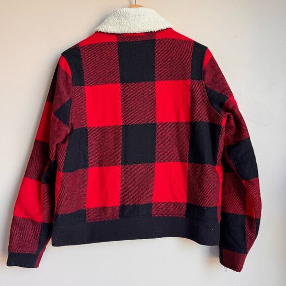 WOOLRICH Red Plaid Bomber Jacket Full Zipper Qulited Sherpa Large Women Wool - Picture 6 of 14